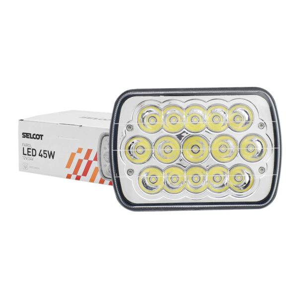 Farol Luz Alta e Baixa Retangular LED Bivolt 45W 6000K com Carcaça de Alumínio Bandeirante Cherokee Caminhão VW