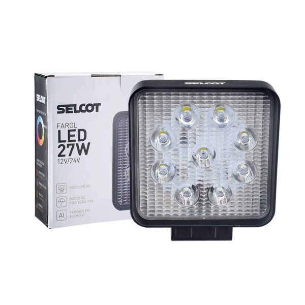 Farol Auxiliar Universal Quadrado LED Bivolt 27W 6000K com Carcaça de Alumínio