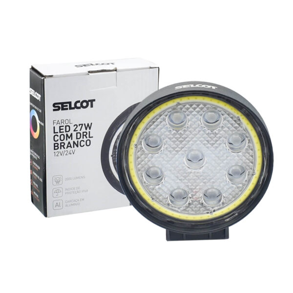 Farol Auxiliar Universal Redondo LED Bivolt 27W 6000K com DRL Branco e Carcaça de Alumínio