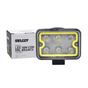 Farol Auxiliar Universal Retangular LED Bivolt 18W 6000K com DRL Branco e Carcaça de Alumínio