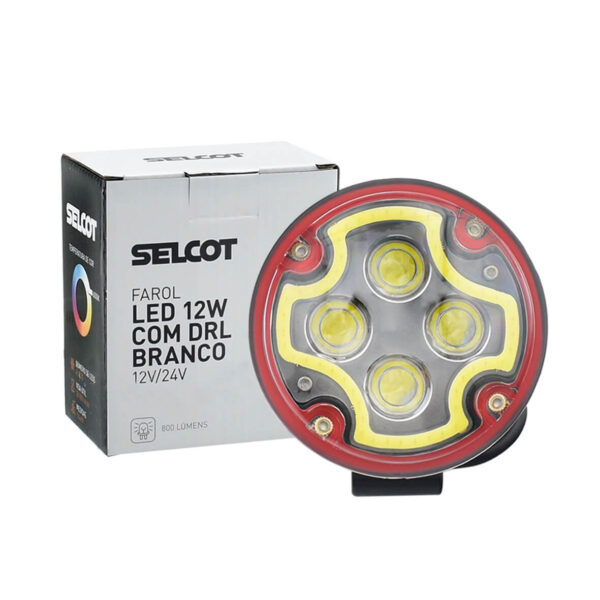 Farol Auxiliar Universal Redondo LED Bivolt 12W 6000K com DRL Branco e Carcaça de Alumínio