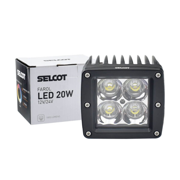 Farol Auxiliar Universal Quadrado LED Bivolt 20W 6000K com Carcaça de Alumínio