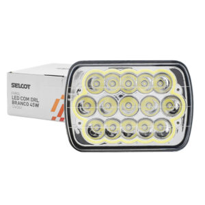Farol Luz Alta e Baixa Retangular LED Bivolt 45W 6000K com DRL Branco e Carcaça de Alumínio Bandeirante Cherokee Caminhão VW